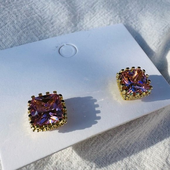 Simulated Pink Sapphire Princess Cut CZ Studs - Picture 9 of 10